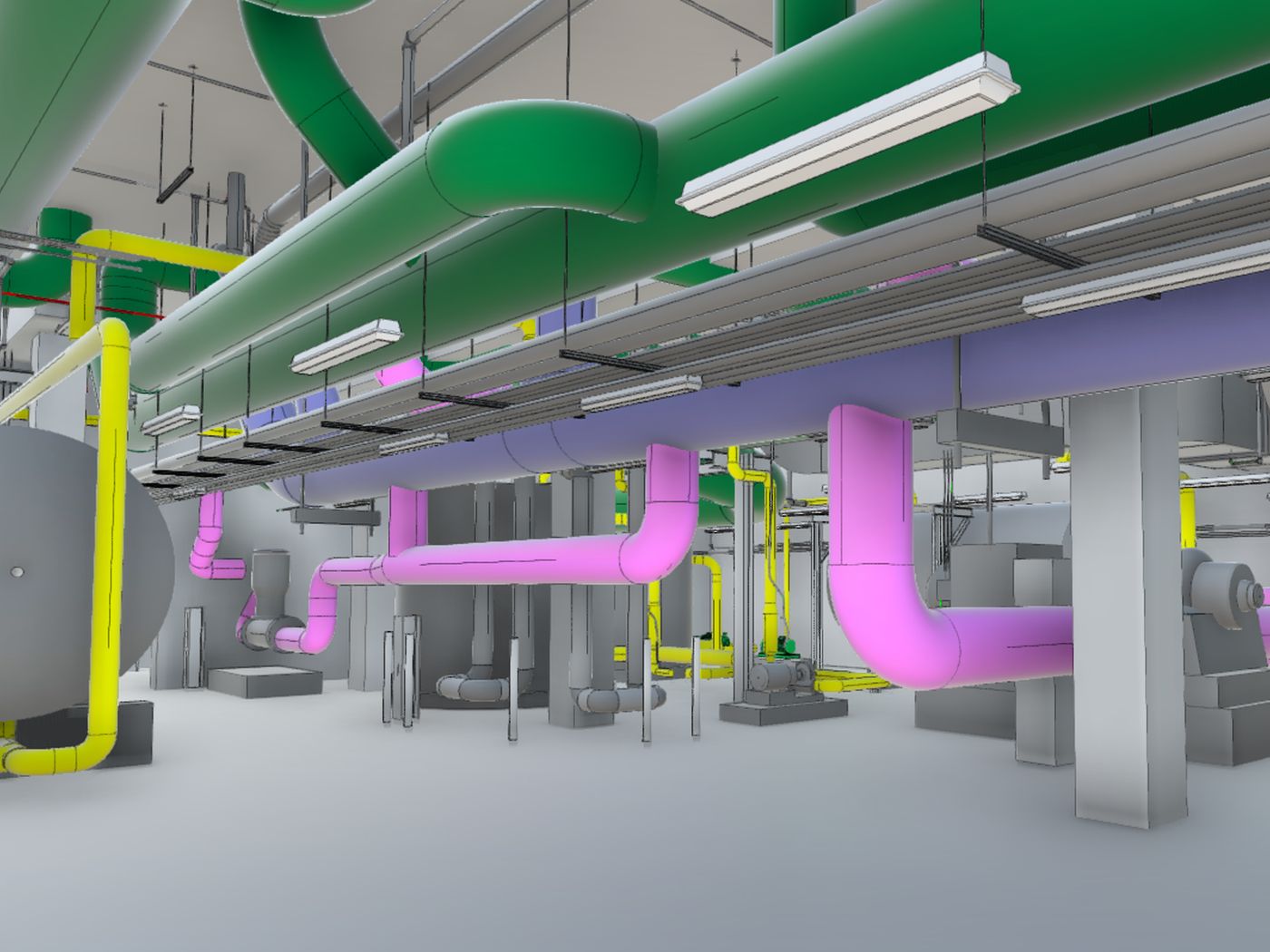 Model view of a mechanical room with process piping and equipment