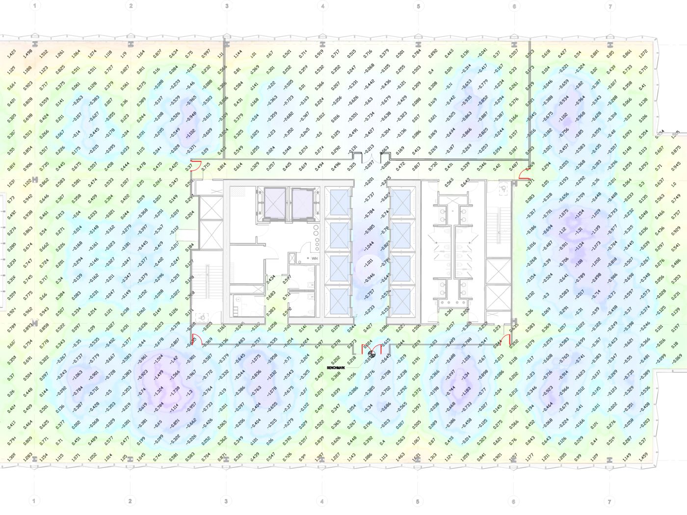 Floor flatness survey of a high rise floor plate showing scanned elevations on a five foot grid