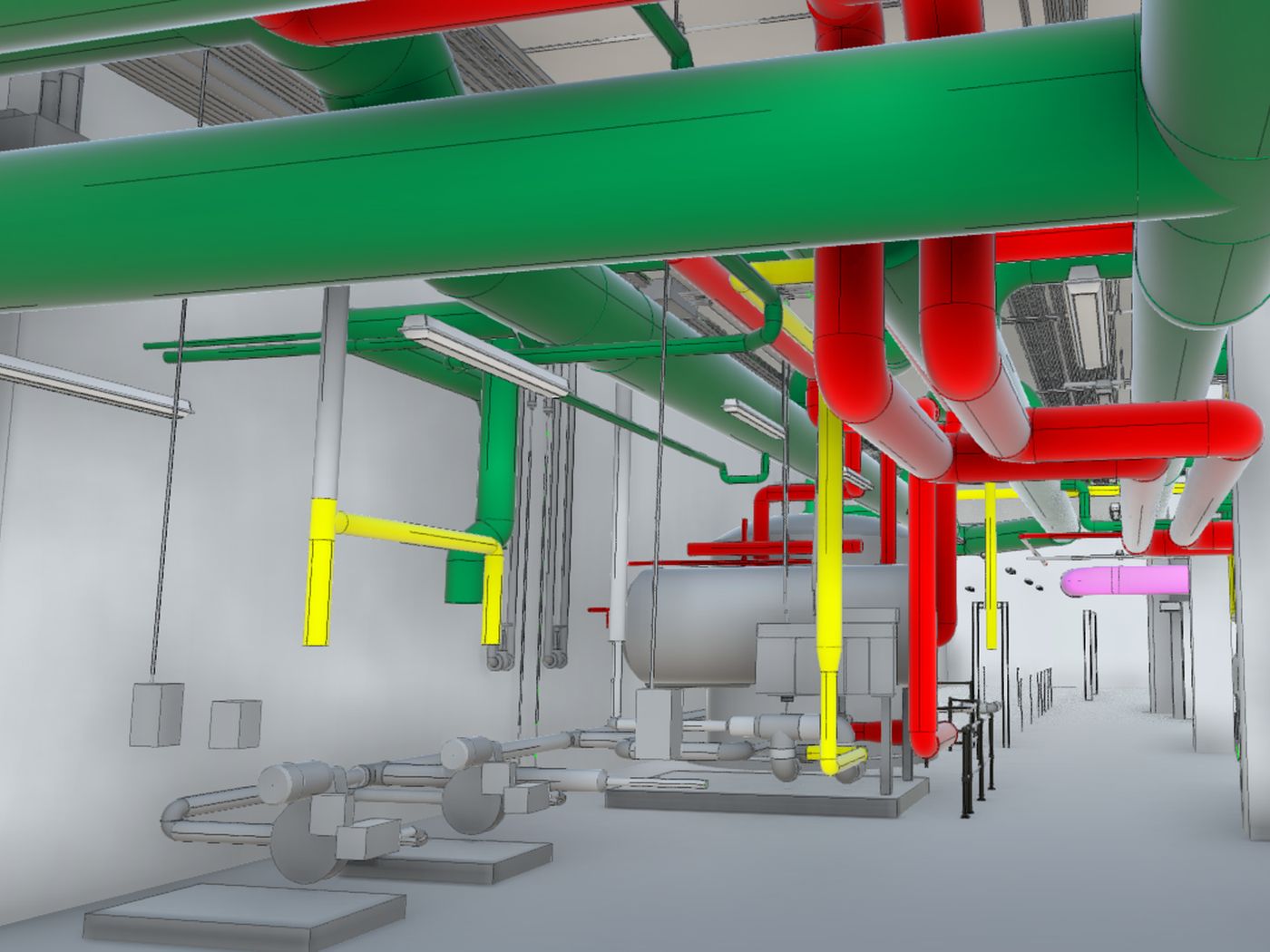 Federated model of overhead ductwork and piping color coded by system