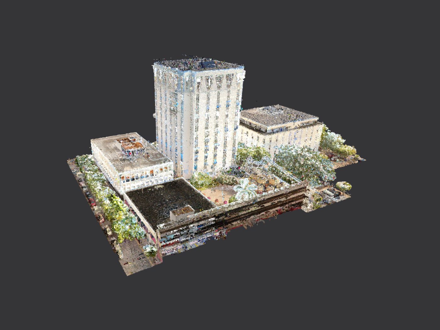Registered point cloud of a multi building campus captured by laser scanning