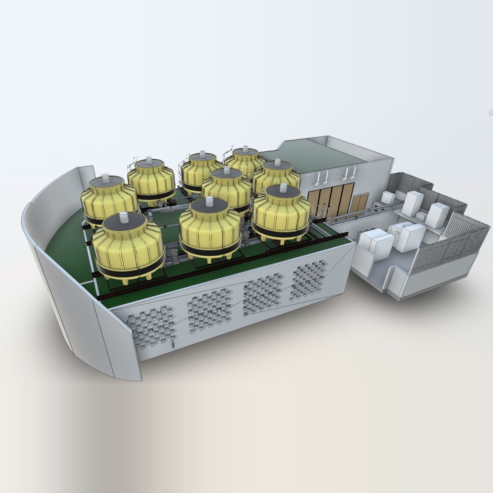 Three dimensional model of a chiller plant with cooling towers and screen wall