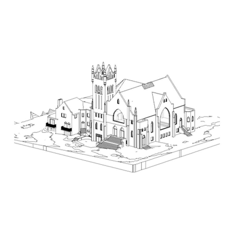 Line drawing model of a stone church with tower and sanctuary