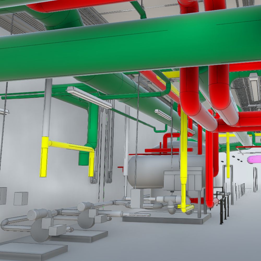 Model view of overhead plumbing and piping color coded by system at the Boeing South Carolina expansion